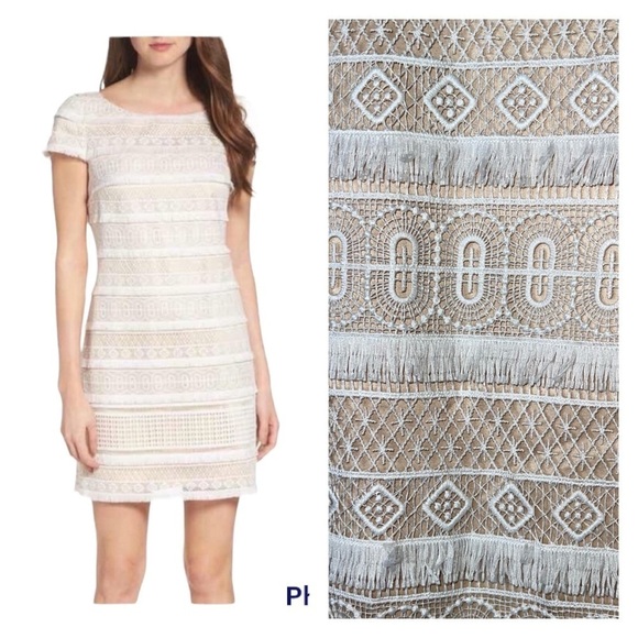 ELIZA J White Nude Lace Fringe Cap Sleeve Mini Shift Dress Size 16W - Picture 1 of 8